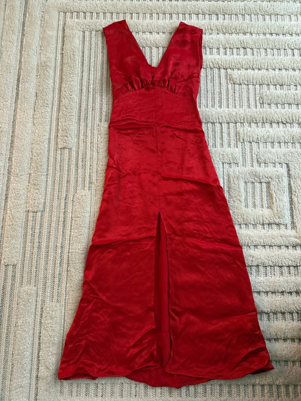 Zara Red Satin V-Neck Maxi Dress with Front Slit